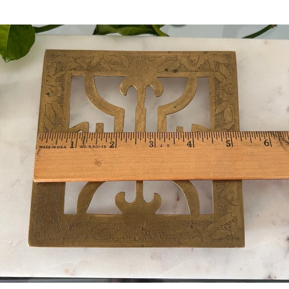 Vintage Solid Brass Square Trivet Etched Floral Shou Longevity Character China